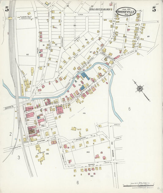 Sanborn Fire Insurance Map from Bridgeville, Allegheny County, Pennsylvania (1924), Sheet #0005 - Historic Sanborn Fire Insurance Map Print, vintage old map wall art, antique decor, genealogy gift, Pennsylvania Pennsylvania map