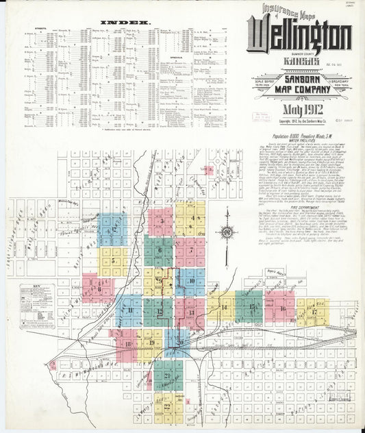 Sanborn Fire Insurance Map from Wellington, Sumner County, Kansas (1912), Sheet #0001 - Complete Map Set gallery image, historic Sanborn map, vintage wall art, Kansas Kansas