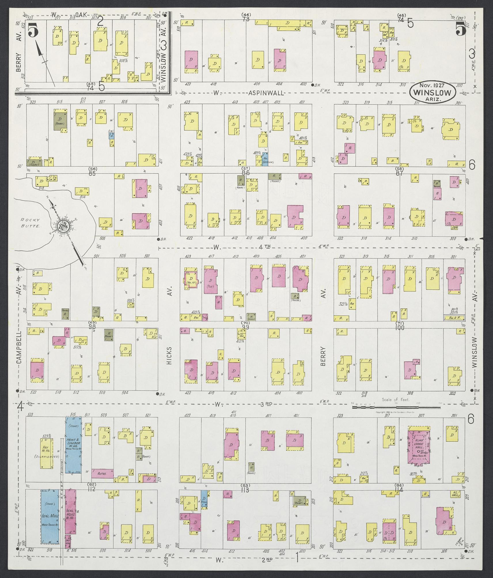 Sanborn Fire Insurance Map from Winslow, Navajo County, Arizona (1927), Sheet #0005 - Historic Sanborn Fire Insurance Map Print, vintage old map wall art, antique decor, genealogy gift, Arizona Arizona map