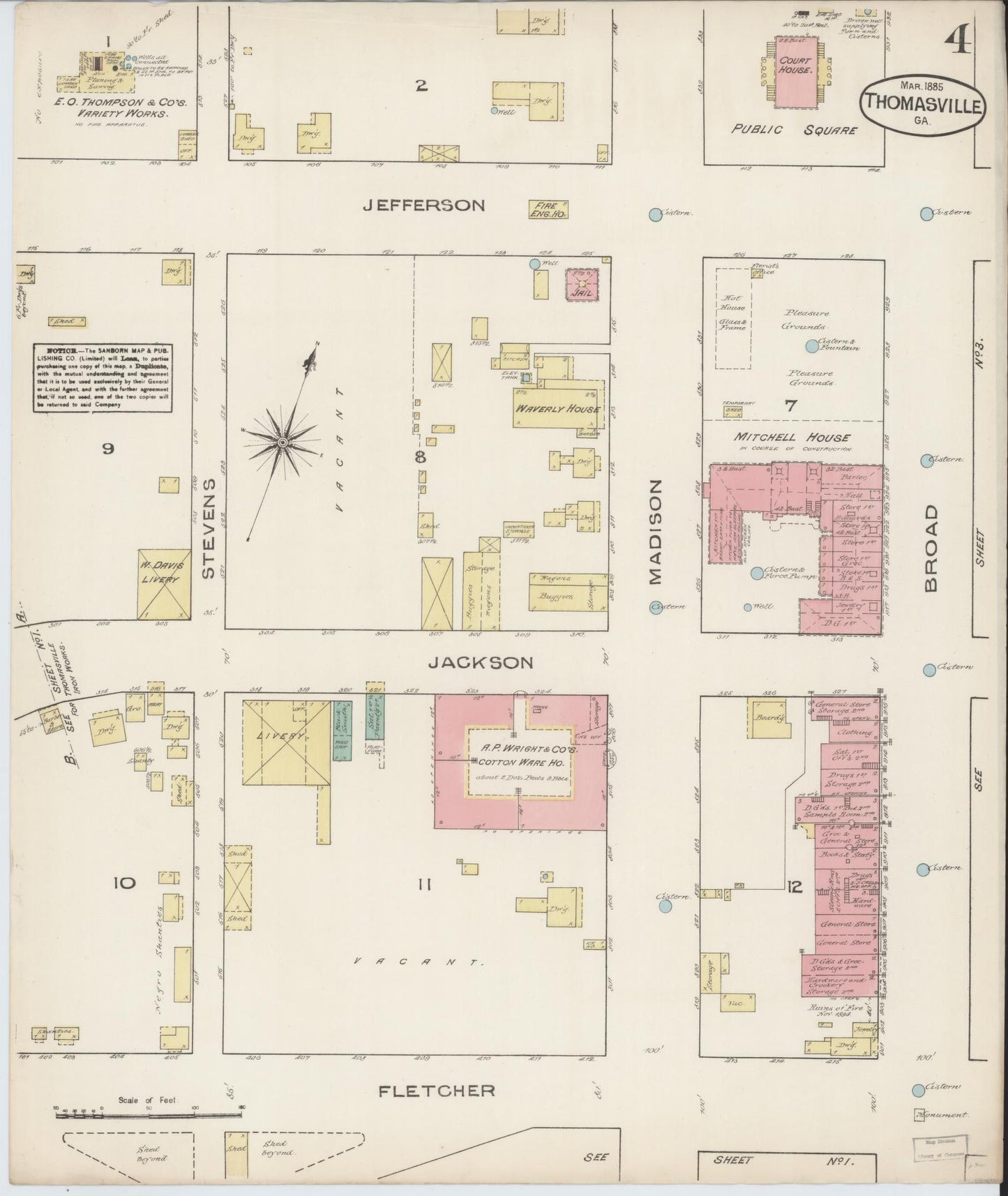 Sanborn Fire Insurance Map from Thomasville, Thomas County, Georgia (1885), Sheet #0004 - Complete Map Set gallery image, historic Sanborn map, vintage wall art, Georgia Georgia