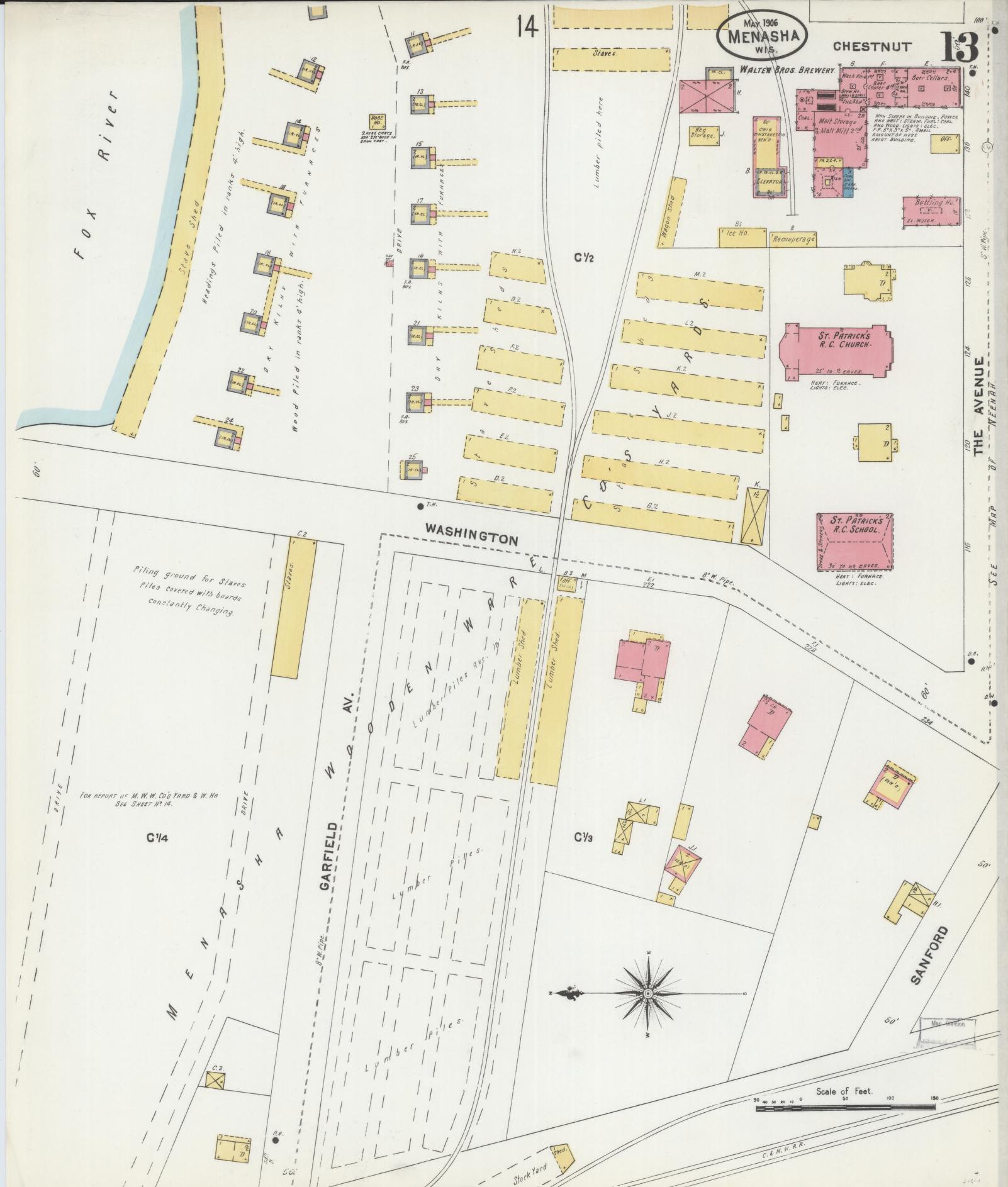 Sanborn Fire Insurance Map from Menasha, Winnebago County, Wisconsin (1906), Sheet #0013 - Complete Map Set gallery image, historic Sanborn map, vintage wall art, Wisconsin Wisconsin