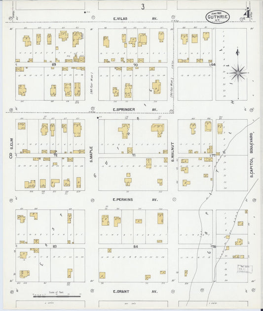 Sanborn Fire Insurance Map from Guthrie, Logan County, Oklahoma (1901), Sheet #0004 - Historic Sanborn Fire Insurance Map Print, vintage old map wall art, antique decor, genealogy gift, Oklahoma Oklahoma map