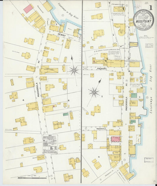 Sanborn Fire Insurance Map from Moss Point, Jackson County, Mississippi (1904), Sheet #0001 - Complete Map Set gallery image, historic Sanborn map, vintage wall art, Mississippi Mississippi