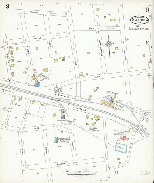 Sanborn Fire Insurance Map from Tallapoosa, Haralson County, Georgia (1923), Sheet #0009 - Historic Sanborn Fire Insurance Map Print, vintage old map wall art, antique decor, genealogy gift, Georgia Georgia map