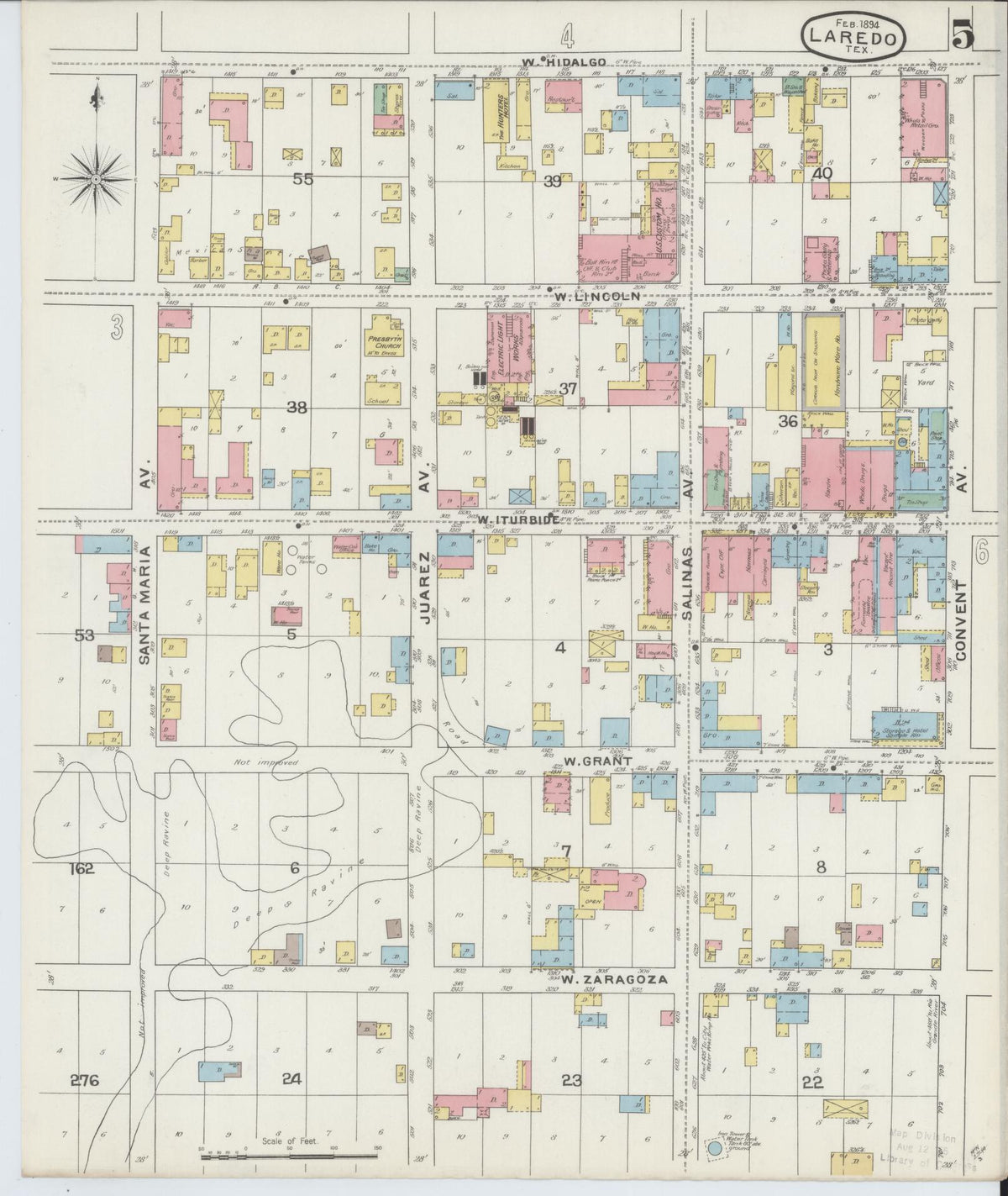 Sanborn Fire Insurance Map from Laredo, Webb County, Texas (1894), Sheet #0005 - Historic Sanborn Fire Insurance Map Print, vintage old map wall art, antique decor, genealogy gift, Texas Texas map