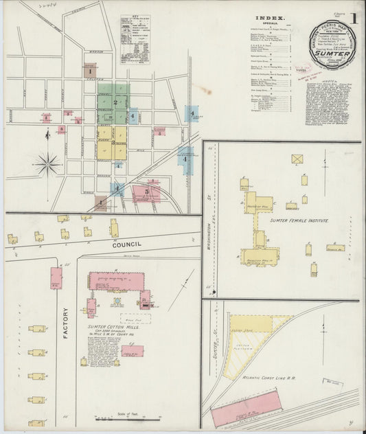 Sanborn Fire Insurance Map from Sumter, Sumter County, South Carolina (1894), Sheet #0001 - Historic Sanborn Fire Insurance Map Print, vintage old map wall art, antique decor, genealogy gift, South Carolina South Carolina map