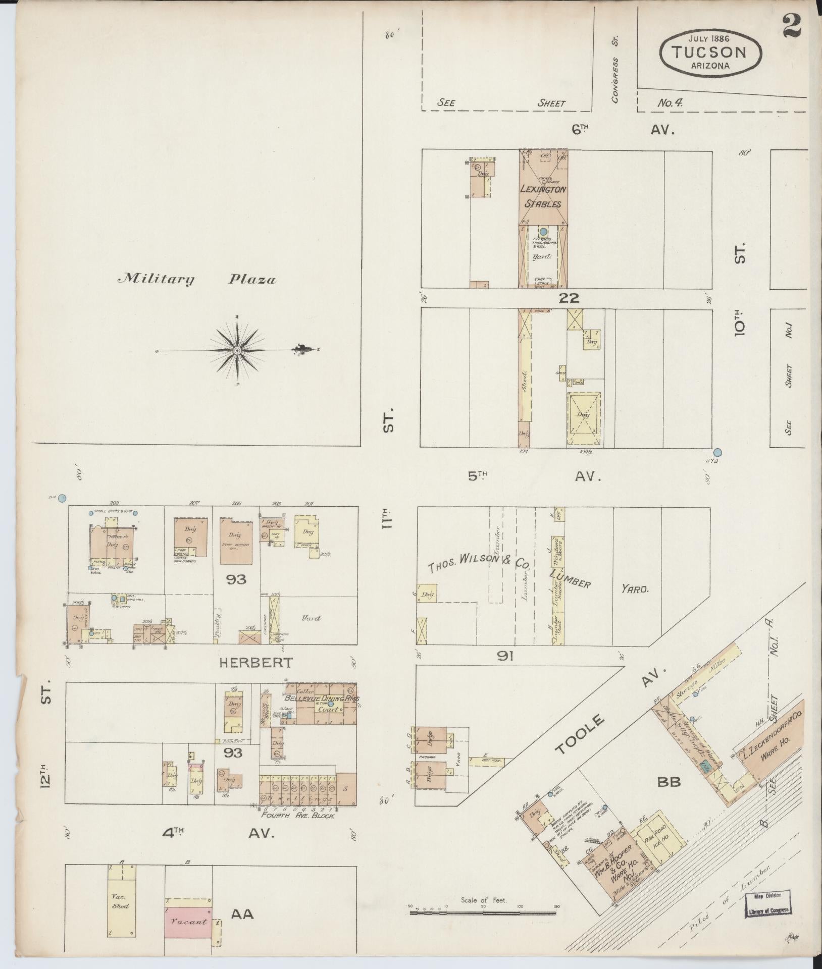 Sanborn Fire Insurance Map from Tucson, Pima County, Arizona (1886), Sheet #0002 - Historic Sanborn Fire Insurance Map Print, vintage old map wall art, antique decor, genealogy gift, Arizona Arizona map
