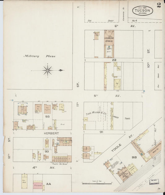 Sanborn Fire Insurance Map from Tucson, Pima County, Arizona (1886), Sheet #0002 - Historic Sanborn Fire Insurance Map Print, vintage old map wall art, antique decor, genealogy gift, Arizona Arizona map