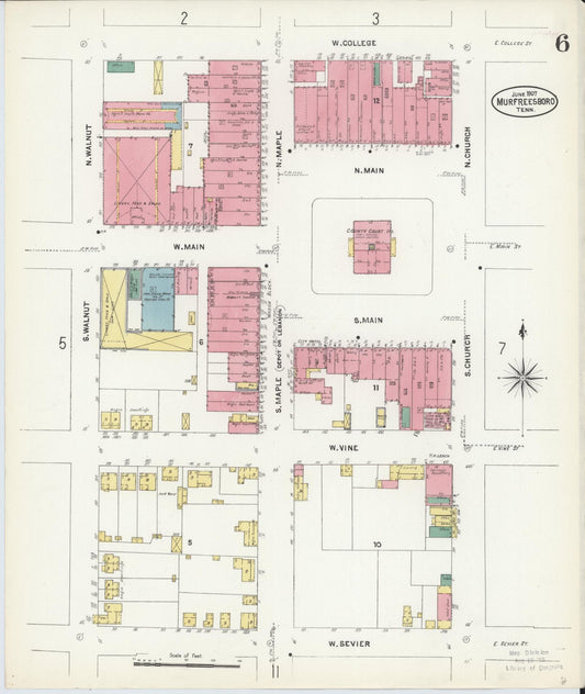 Sanborn Fire Insurance Map from Murfreesboro, Rutherford County, Tennessee (1907), Sheet #0006 - Historic Sanborn Fire Insurance Map Print, vintage old map wall art, antique decor, genealogy gift, Tennessee Tennessee map