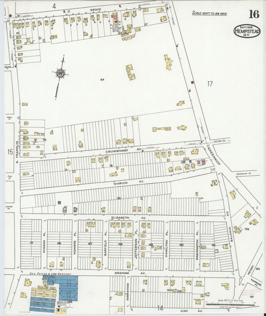 Sanborn Fire Insurance Map from Hempstead, Nassau County, New York (1919), Sheet #0016 - Historic Sanborn Fire Insurance Map Print, vintage old map wall art, antique decor, genealogy gift, New York New York map