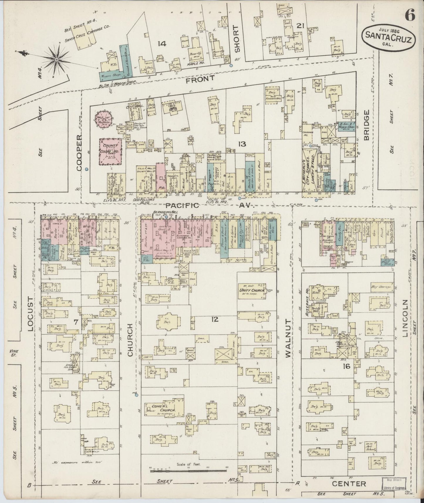 Sanborn Fire Insurance Map from Santa Cruz, Santa Cruz County, California (1886), Sheet #0006 - Complete Map Set gallery image, historic Sanborn map, vintage wall art, California California