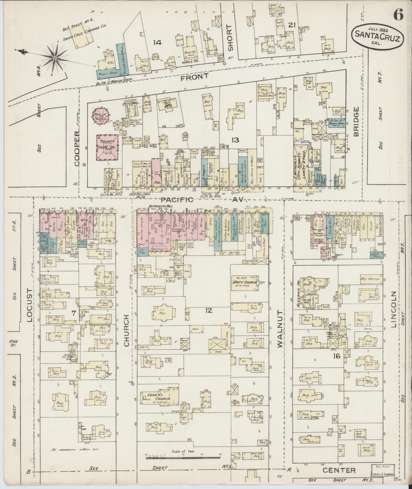 Sanborn Fire Insurance Map from Santa Cruz, Santa Cruz County, California (1886), Sheet #0006 - Complete Map Set gallery image, historic Sanborn map, vintage wall art, California California