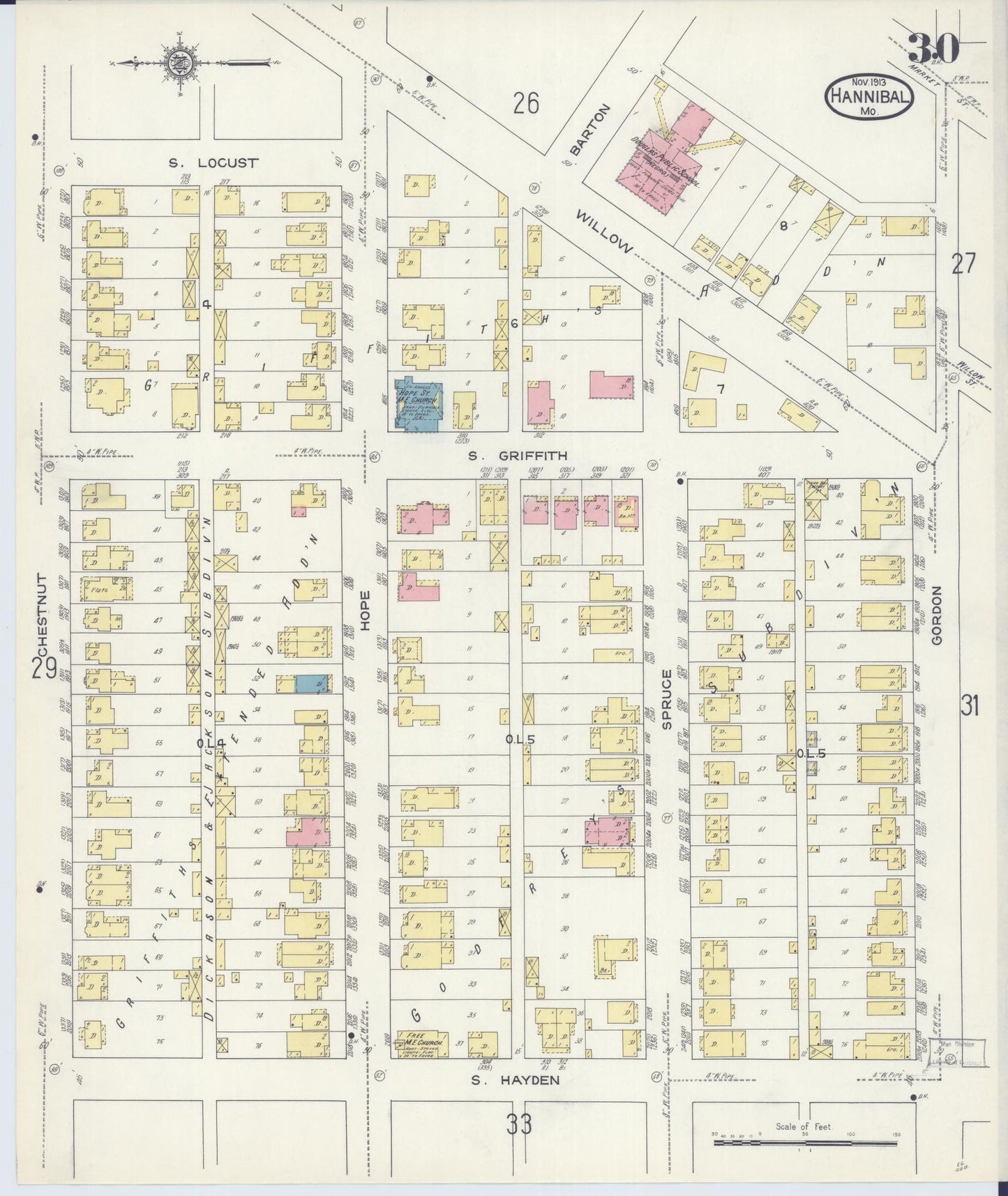 Sanborn Fire Insurance Map from Hannibal, Marion County, Missouri (1913), Sheet #0030 - Complete Map Set gallery image, historic Sanborn map, vintage wall art, Missouri Missouri