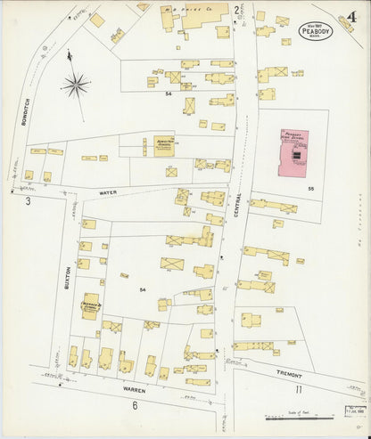 Sanborn Fire Insurance Map from Peabody, Essex County, Massachusetts (1907), Sheet #0004 - Historic Sanborn Fire Insurance Map Print, vintage old map wall art, antique decor, genealogy gift, Massachusetts Massachusetts map