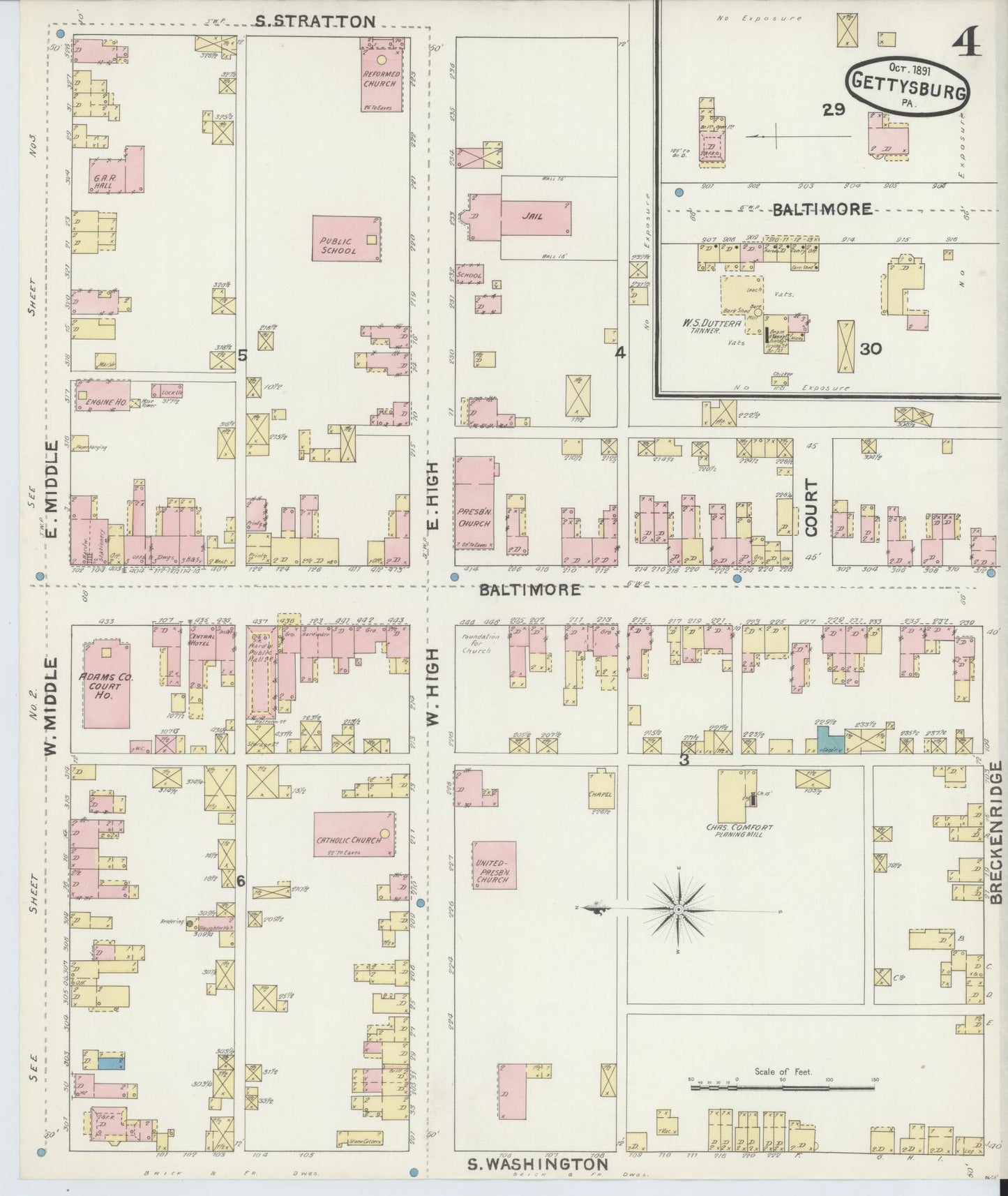 Sanborn Fire Insurance Map from Gettysburg, Adams County, Pennsylvania (1891), Sheet #0004 - Historic Sanborn Fire Insurance Map Print, vintage old map wall art, antique decor, genealogy gift, Pennsylvania Pennsylvania map