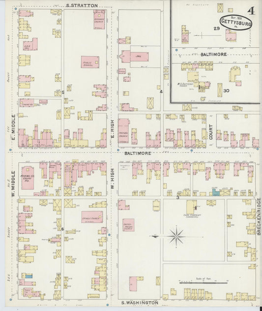 Sanborn Fire Insurance Map from Gettysburg, Adams County, Pennsylvania (1891), Sheet #0004 - Historic Sanborn Fire Insurance Map Print, vintage old map wall art, antique decor, genealogy gift, Pennsylvania Pennsylvania map