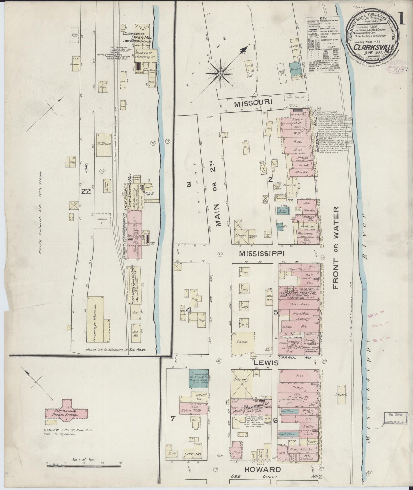 Sanborn Fire Insurance Map from Clarksville, Pike County, Missouri (1886), Sheet #0001 - Complete Map Set gallery image, historic Sanborn map, vintage wall art, Missouri Missouri