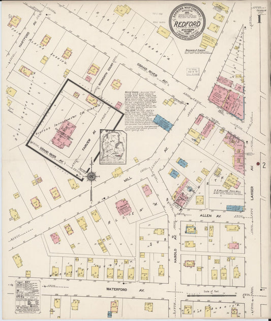 Sanborn Fire Insurance Map from Redford, Wayne County, Michigan (1921), Sheet #0001 - Historic Sanborn Fire Insurance Map Print, vintage old map wall art, antique decor, genealogy gift, Michigan Michigan map