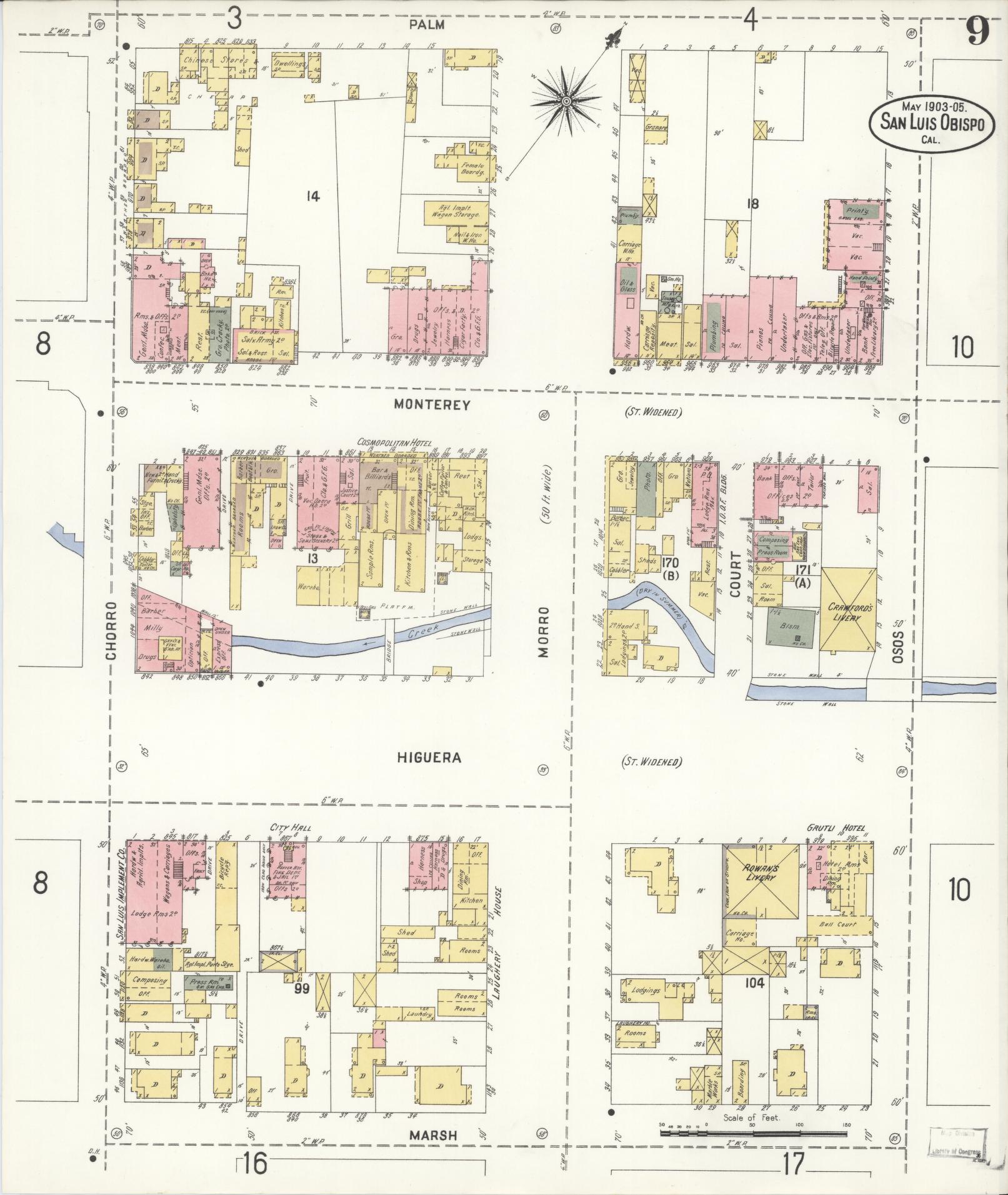 Sanborn Fire Insurance Map from San Luis Obispo, San Luis Obispo County, California (1905), Sheet #0009 - Complete Map Set gallery image, historic Sanborn map, vintage wall art, California California