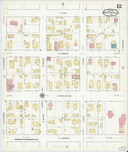 Sanborn Fire Insurance Map from Martinsville, Morgan County, Indiana (1916), Sheet #0012 - Historic Sanborn Fire Insurance Map Print, vintage old map wall art, antique decor, genealogy gift, Indiana Indiana map