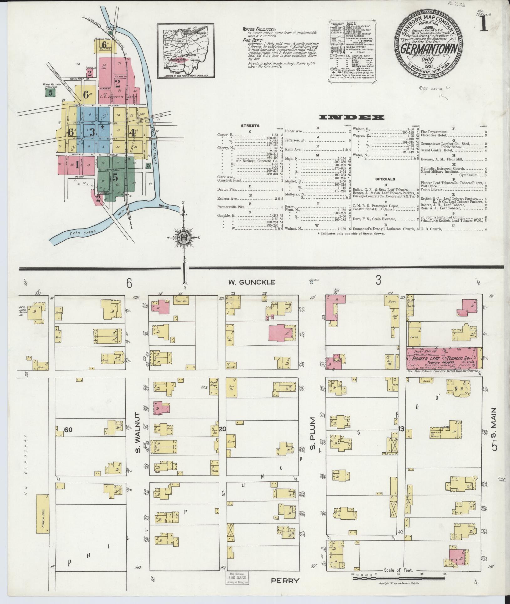 Sanborn Fire Insurance Map from Germantown, Montgomery County, Ohio (1921), Sheet #0001 - Historic Sanborn Fire Insurance Map Print, vintage old map wall art, antique decor, genealogy gift, Ohio Ohio map