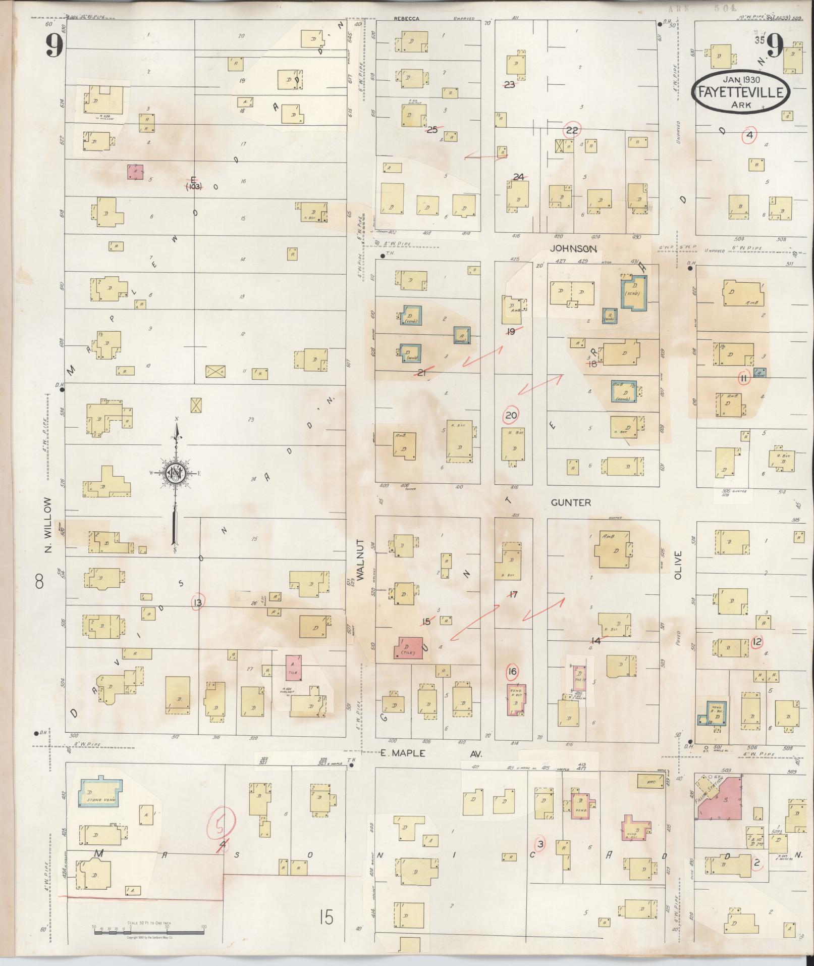 Sanborn Fire Insurance Map from Fayetteville, Washington County, Arkansas (1948), Sheet #0009 - Historic Sanborn Fire Insurance Map Print, vintage old map wall art, antique decor, genealogy gift, Arkansas Arkansas map