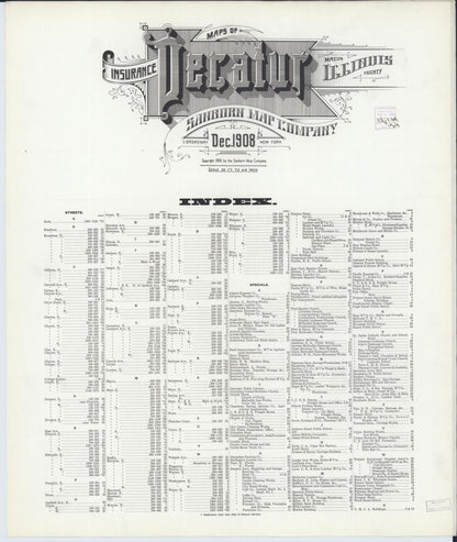 Sanborn Fire Insurance Map from Decatur, Macon County, Illinois (1908), Sheet #0001 - Historic Sanborn Fire Insurance Map Print, vintage old map wall art, antique decor, genealogy gift, Illinois Illinois map