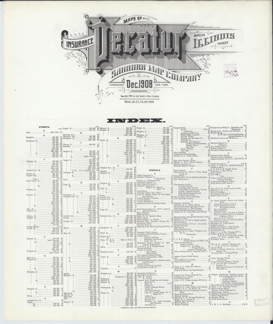 Sanborn Fire Insurance Map from Decatur, Macon County, Illinois (1908), Sheet #0001 - Historic Sanborn Fire Insurance Map Print, vintage old map wall art, antique decor, genealogy gift, Illinois Illinois map