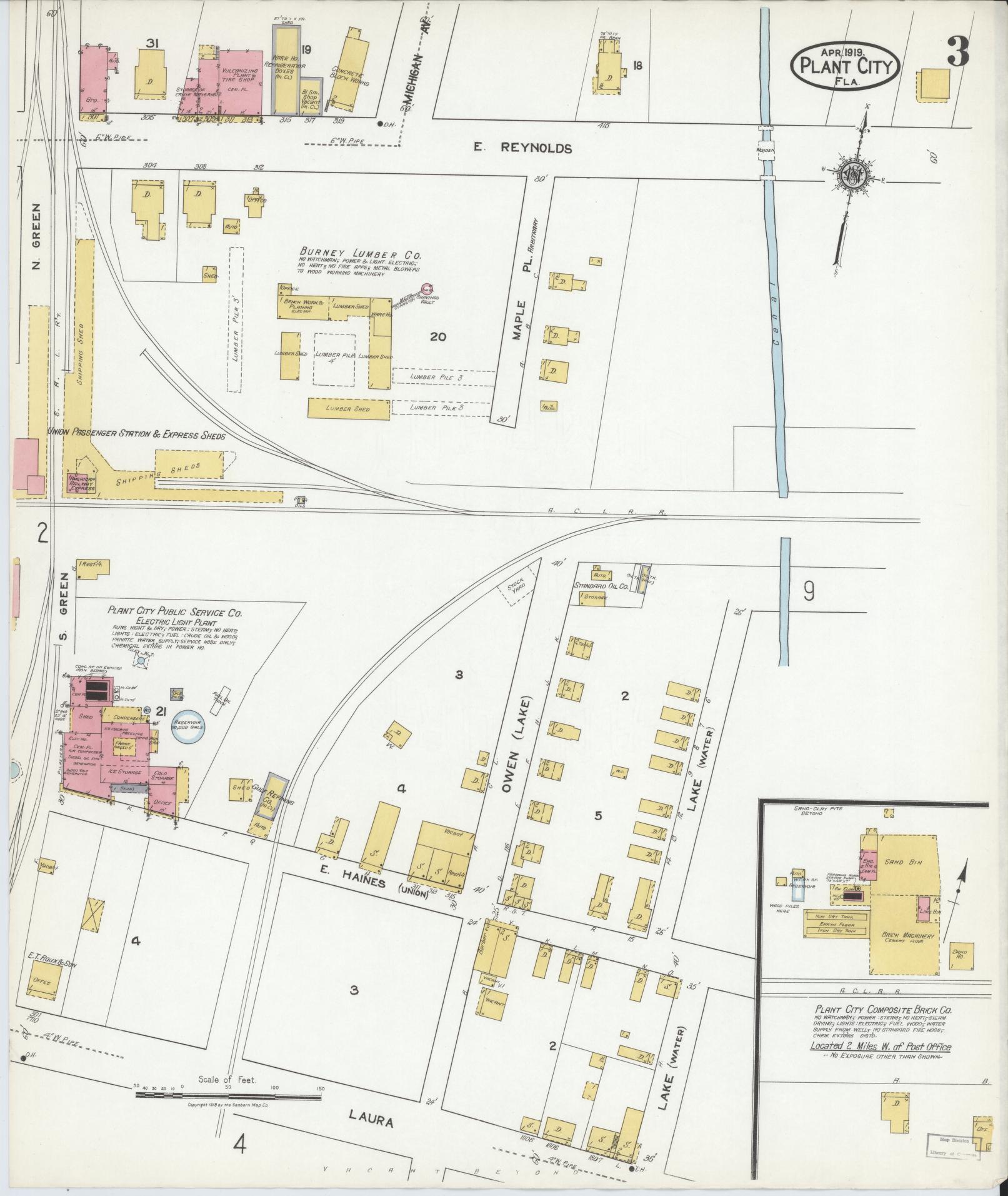 Sanborn Fire Insurance Map from Plant City, Hillborough County, Florida (1919), Sheet #0003 - Complete Map Set gallery image, historic Sanborn map, vintage wall art, Florida Florida