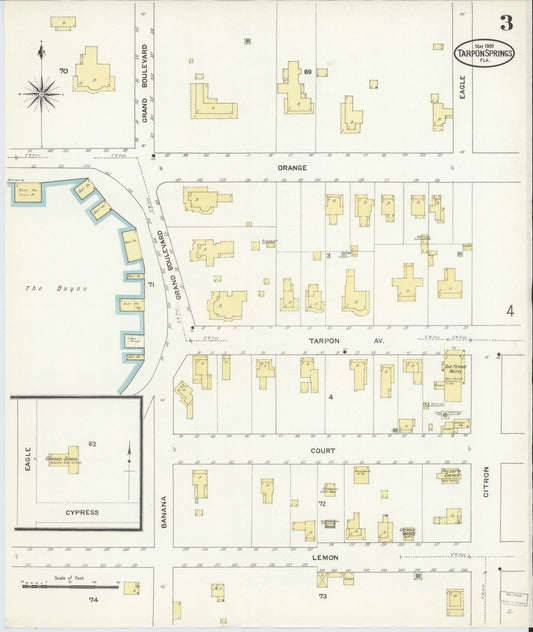 Sanborn Fire Insurance Map from Tarpon Springs, Pinellas County, Florida (1909), Sheet #0003 - Historic Sanborn Fire Insurance Map Print, vintage old map wall art, antique decor, genealogy gift, Florida Florida map