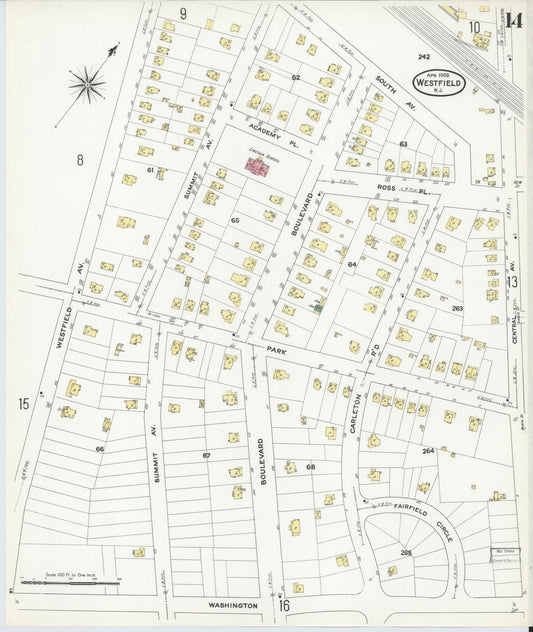 Sanborn Fire Insurance Map from Westfield, Union County, New Jersey (1909), Sheet #0014 - Historic Sanborn Fire Insurance Map Print, vintage old map wall art, antique decor, genealogy gift, New Jersey New Jersey map
