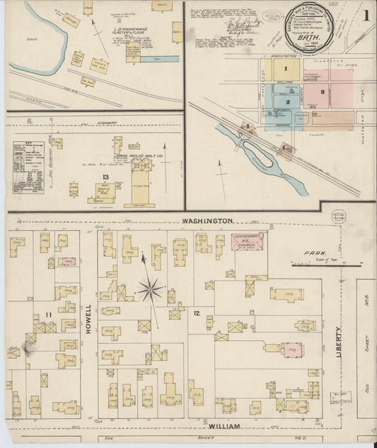 Sanborn Fire Insurance Map from Bath, Steuben County, New York (1888), Sheet #0001 - Historic Sanborn Fire Insurance Map Print, vintage old map wall art, antique decor, genealogy gift, New York New York map