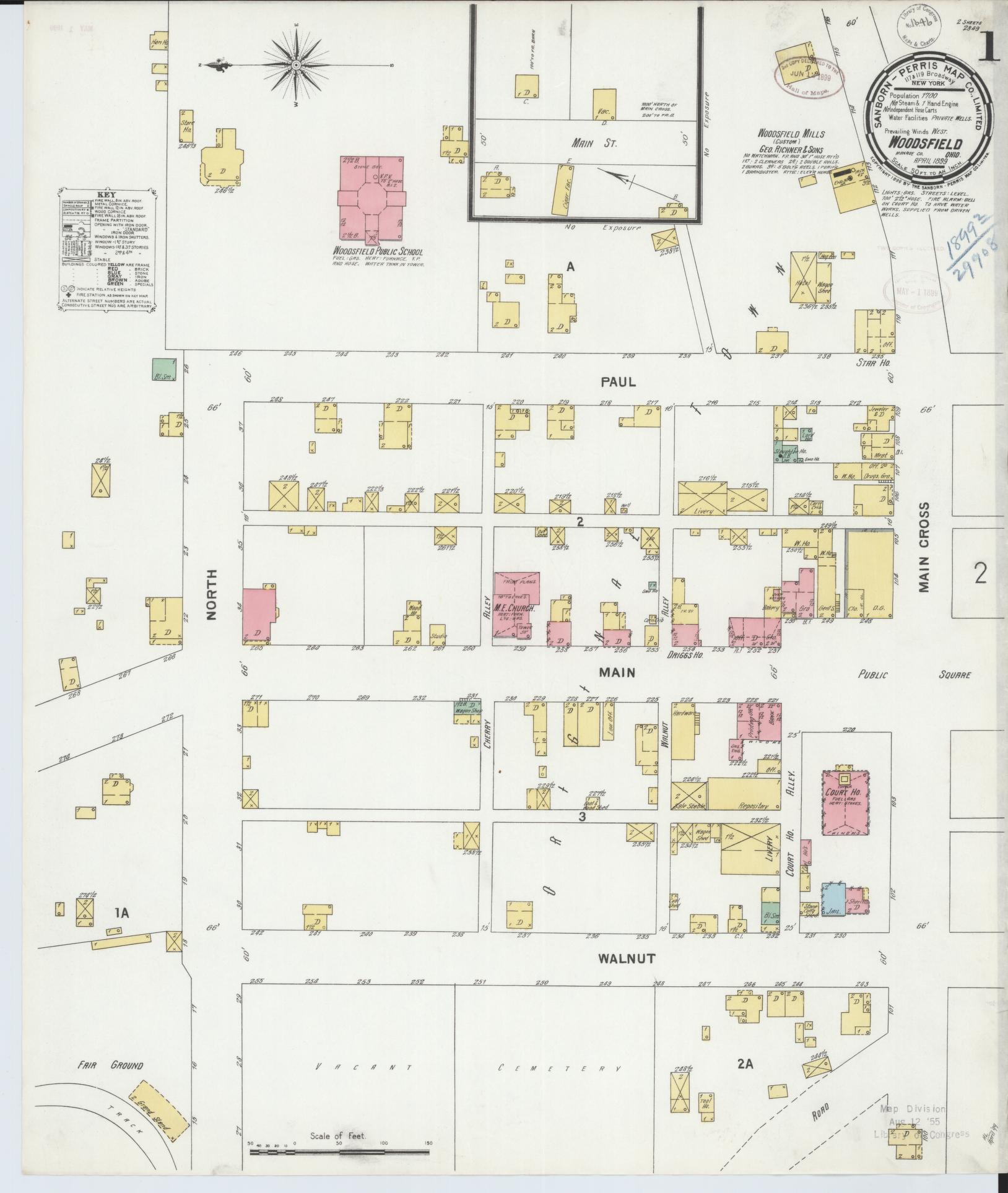 Sanborn Fire Insurance Map from Woodsfield, Monroe County, Ohio (1899), Sheet #0001 - Historic Sanborn Fire Insurance Map Print, vintage old map wall art, antique decor, genealogy gift, Ohio Ohio map