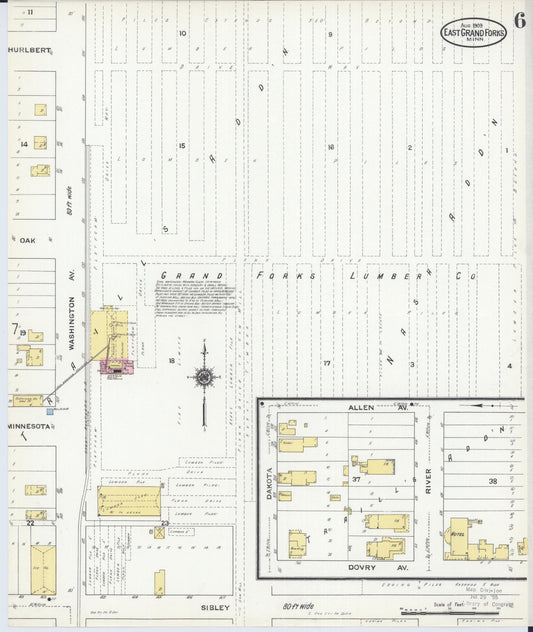 Sanborn Fire Insurance Map from East Grand Forks, Polk County, Minnesota (1909), Sheet #0006 - Historic Sanborn Fire Insurance Map Print, vintage old map wall art, antique decor, genealogy gift, Minnesota Minnesota map