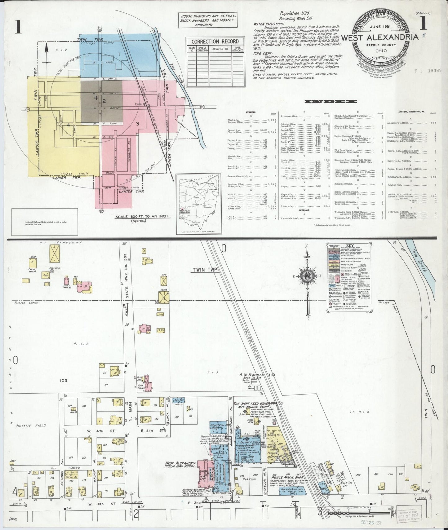 Sanborn Fire Insurance Map from West Alexandria, Preble County, Ohio (1951), Sheet #0001 - Historic Sanborn Fire Insurance Map Print, vintage old map wall art, antique decor, genealogy gift, Ohio Ohio map