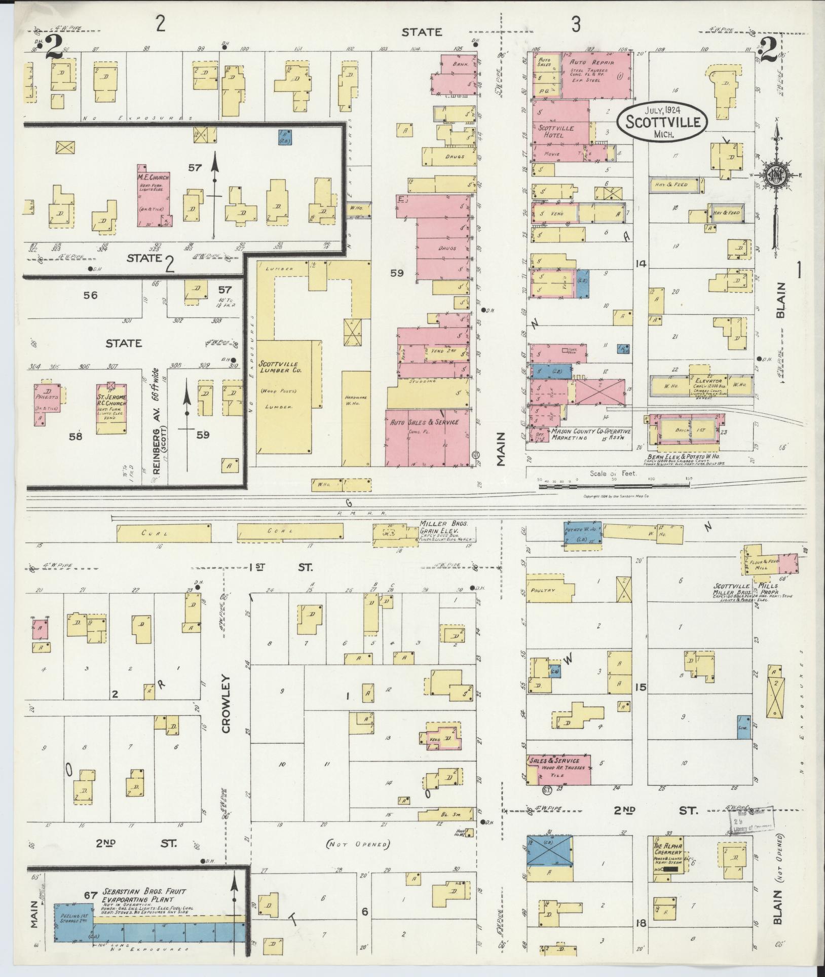 Sanborn Fire Insurance Map from Scottville, Mason County, Michigan (1924), Sheet #0002 - Historic Sanborn Fire Insurance Map Print, vintage old map wall art, antique decor, genealogy gift, Michigan Michigan map