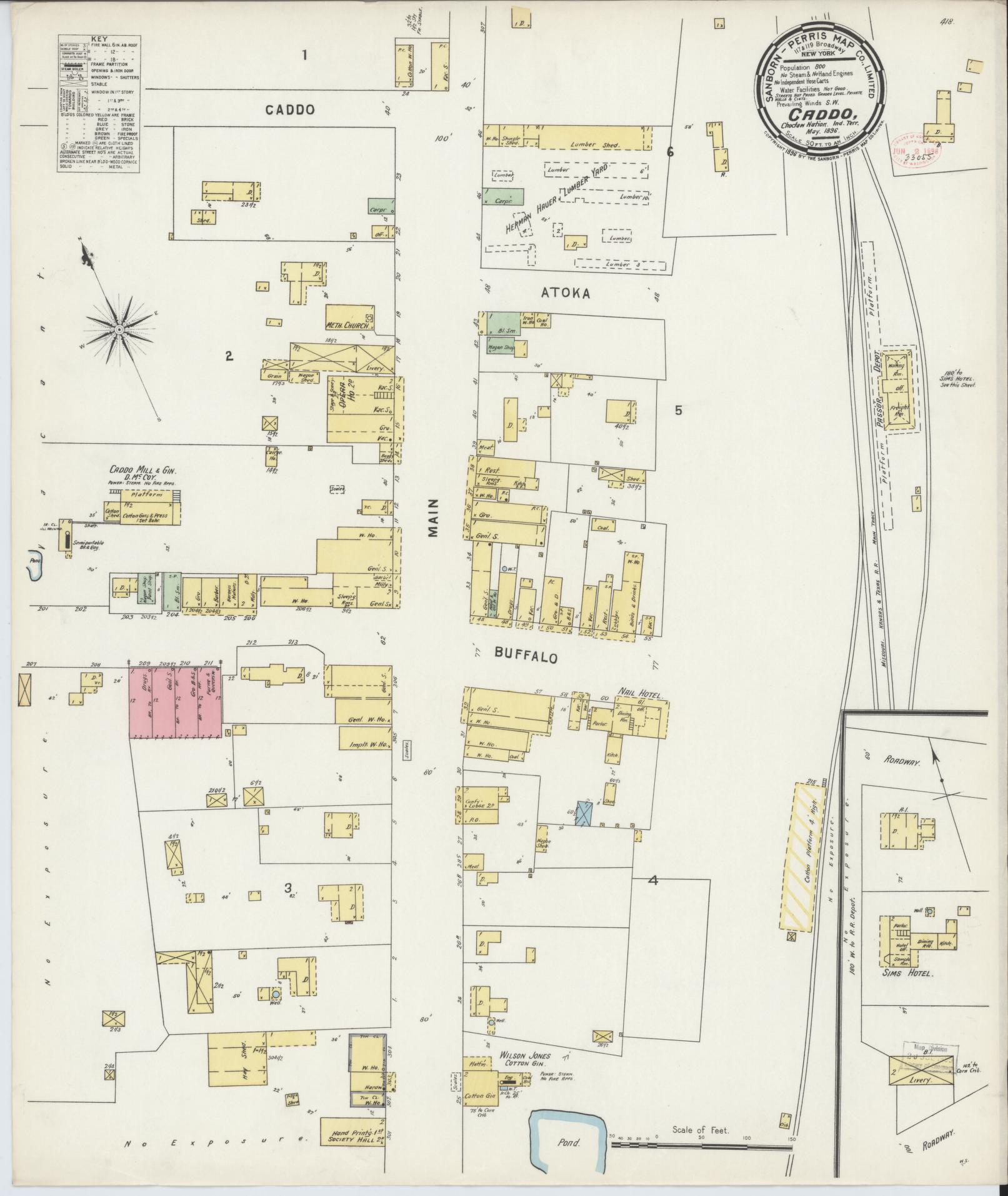 Sanborn Fire Insurance Map from Caddo, Bryan County, Oklahoma (1896), Sheet #0001 - Historic Sanborn Fire Insurance Map Print, vintage old map wall art, antique decor, genealogy gift, Oklahoma Oklahoma map