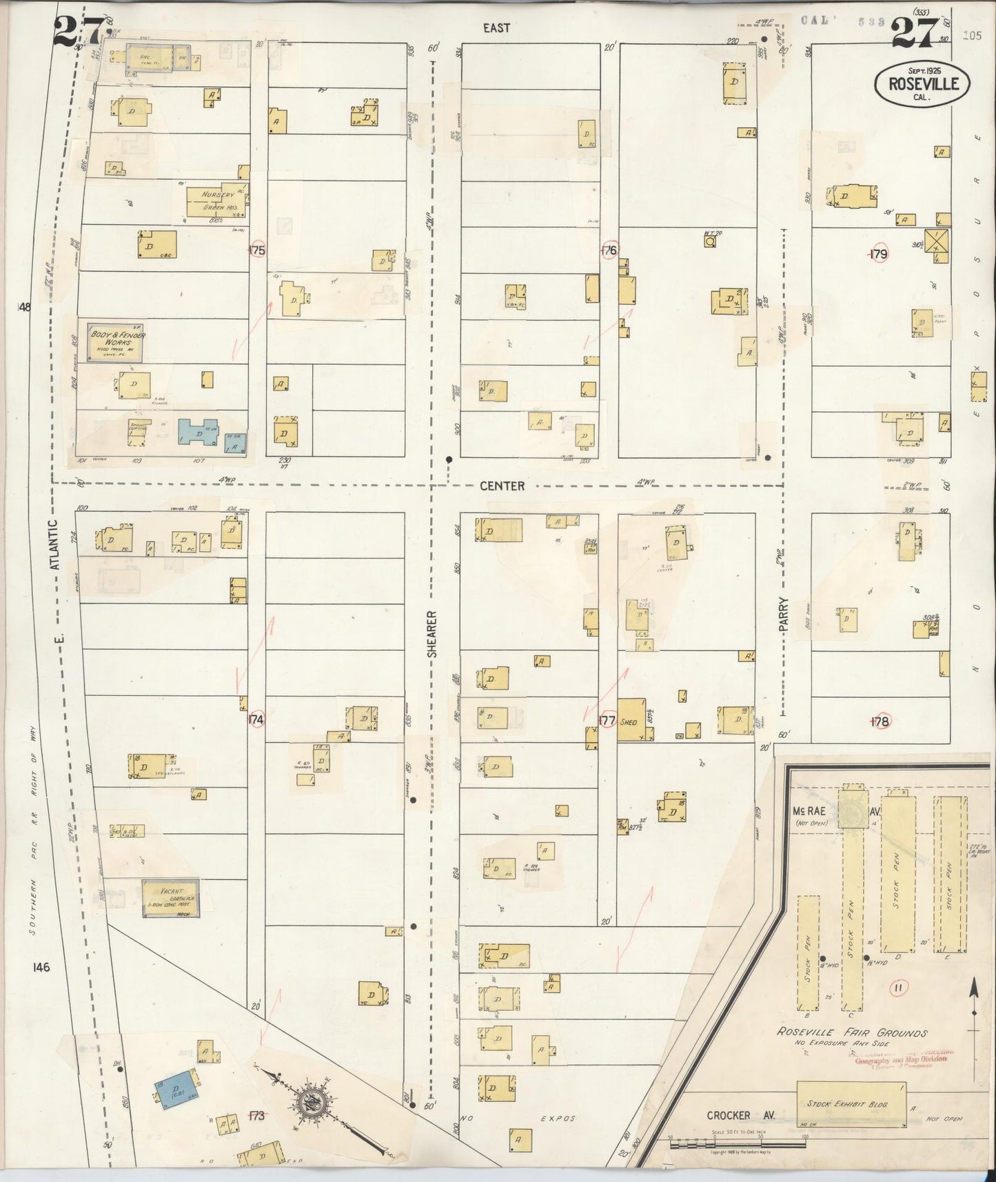 Sanborn Fire Insurance Map from Roseville, Placer County, California (1944), Sheet #0027 - Complete Map Set gallery image, historic Sanborn map, vintage wall art, California California