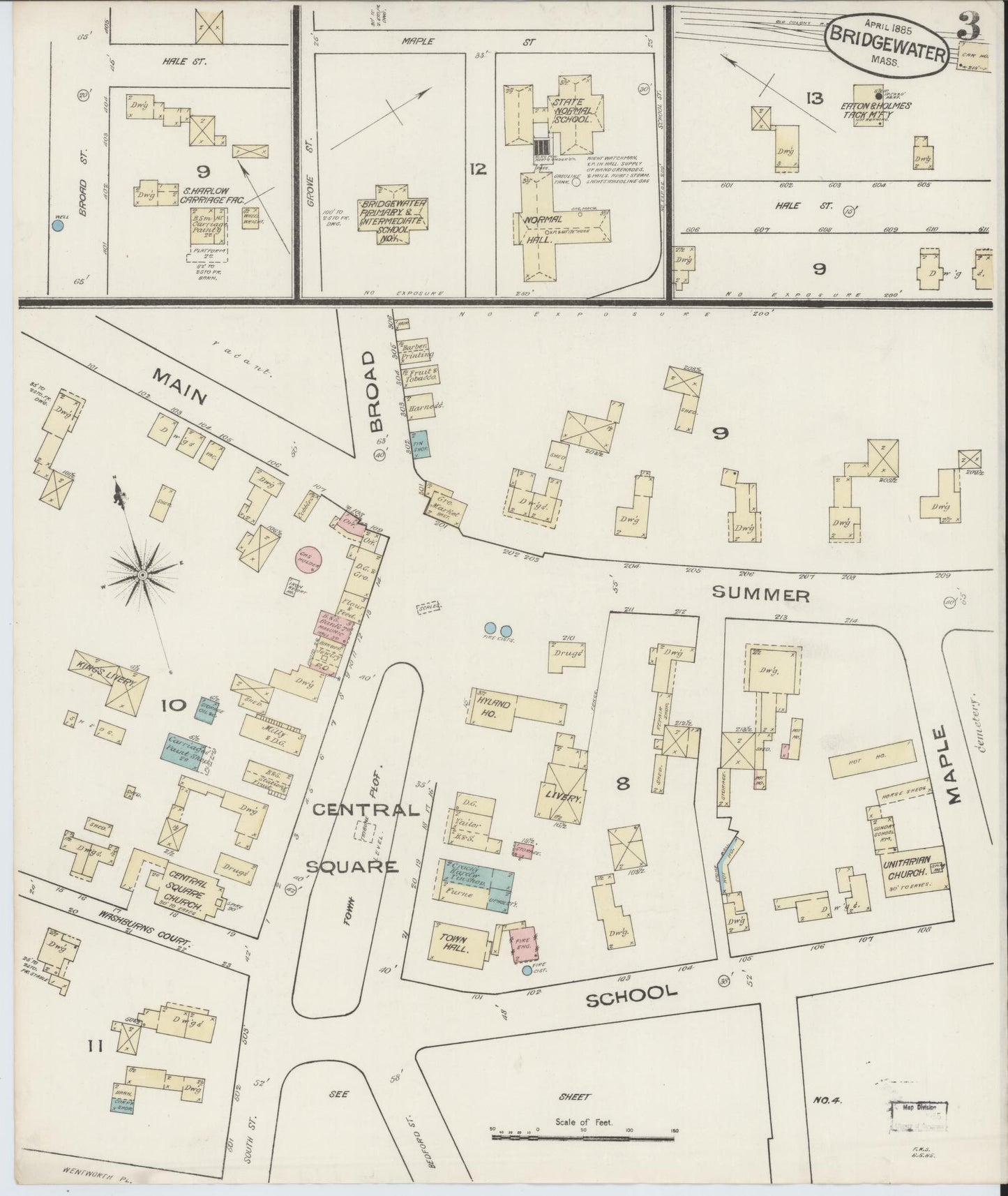 Sanborn Fire Insurance Map from Bridgewater, Plymouth County, Massachusetts (1885), Sheet #0003 - Complete Map Set gallery image, historic Sanborn map, vintage wall art, Massachusetts Massachusetts