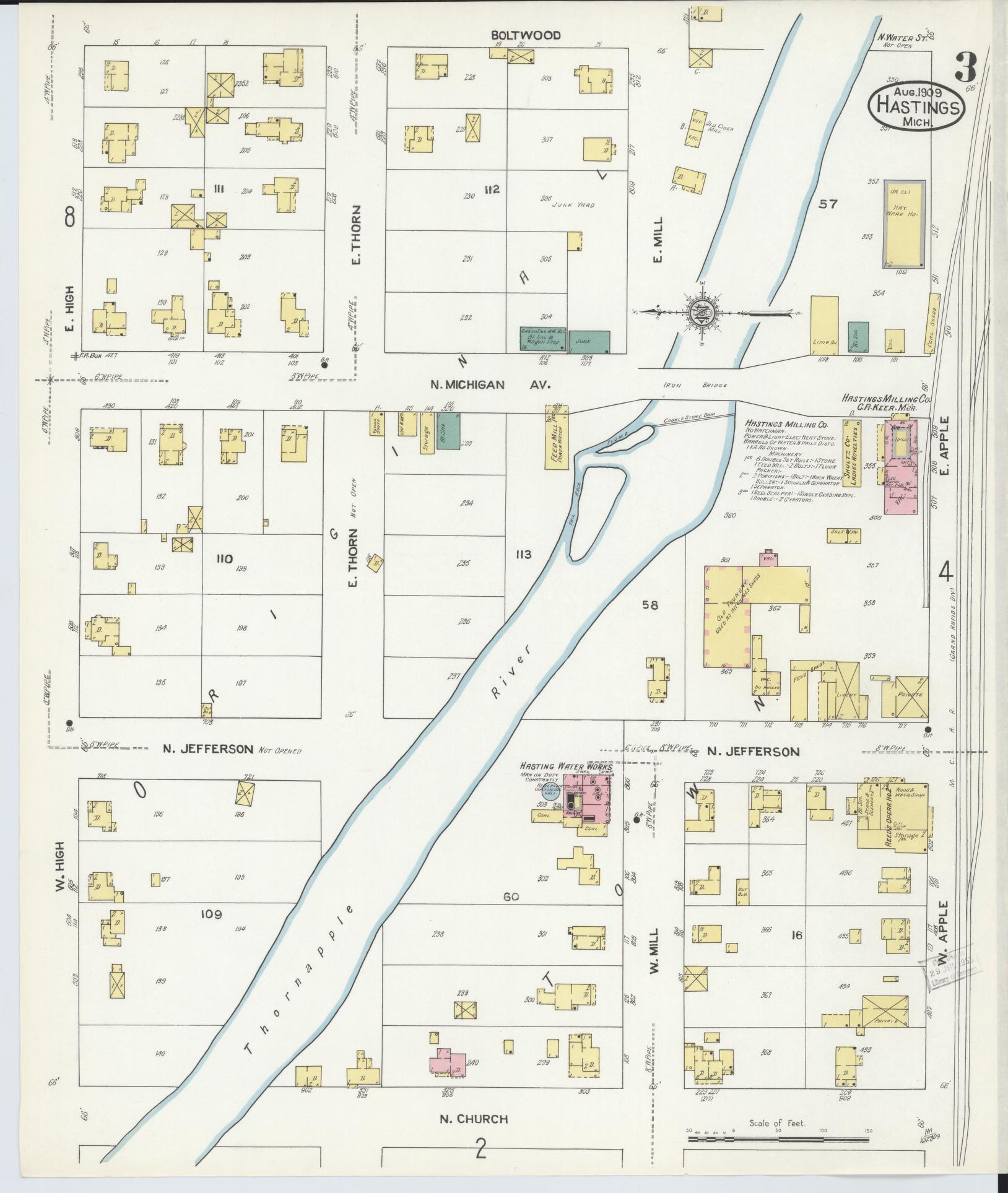 Sanborn Fire Insurance Map from Hastings, Barry County, Michigan (1909), Sheet #0003 - Complete Map Set gallery image, historic Sanborn map, vintage wall art, Michigan Michigan