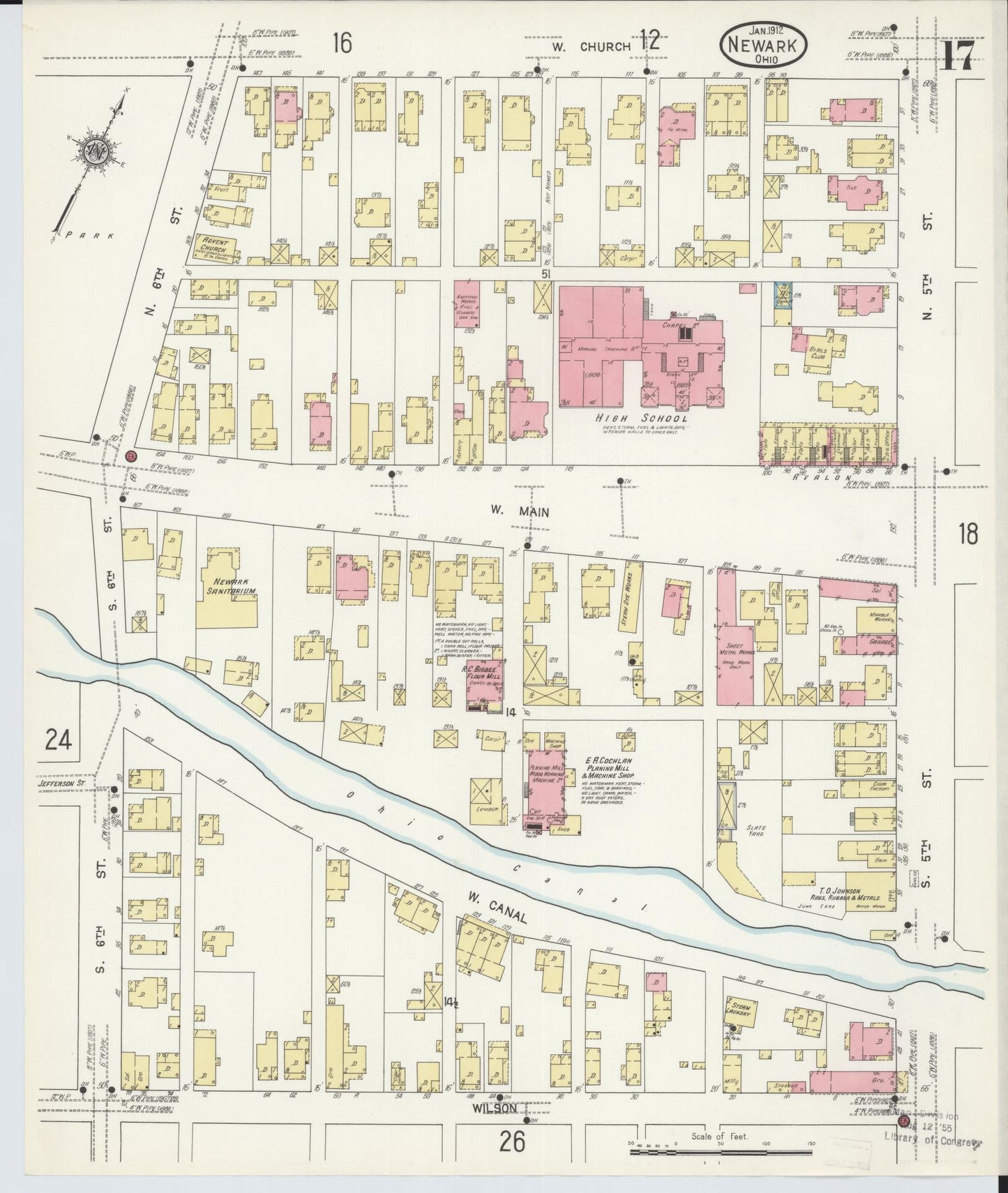 Sanborn Fire Insurance Map from Newark, Licking County, Ohio (1912), Sheet #0017 - Historic Sanborn Fire Insurance Map Print, vintage old map wall art, antique decor, genealogy gift, Ohio Ohio map