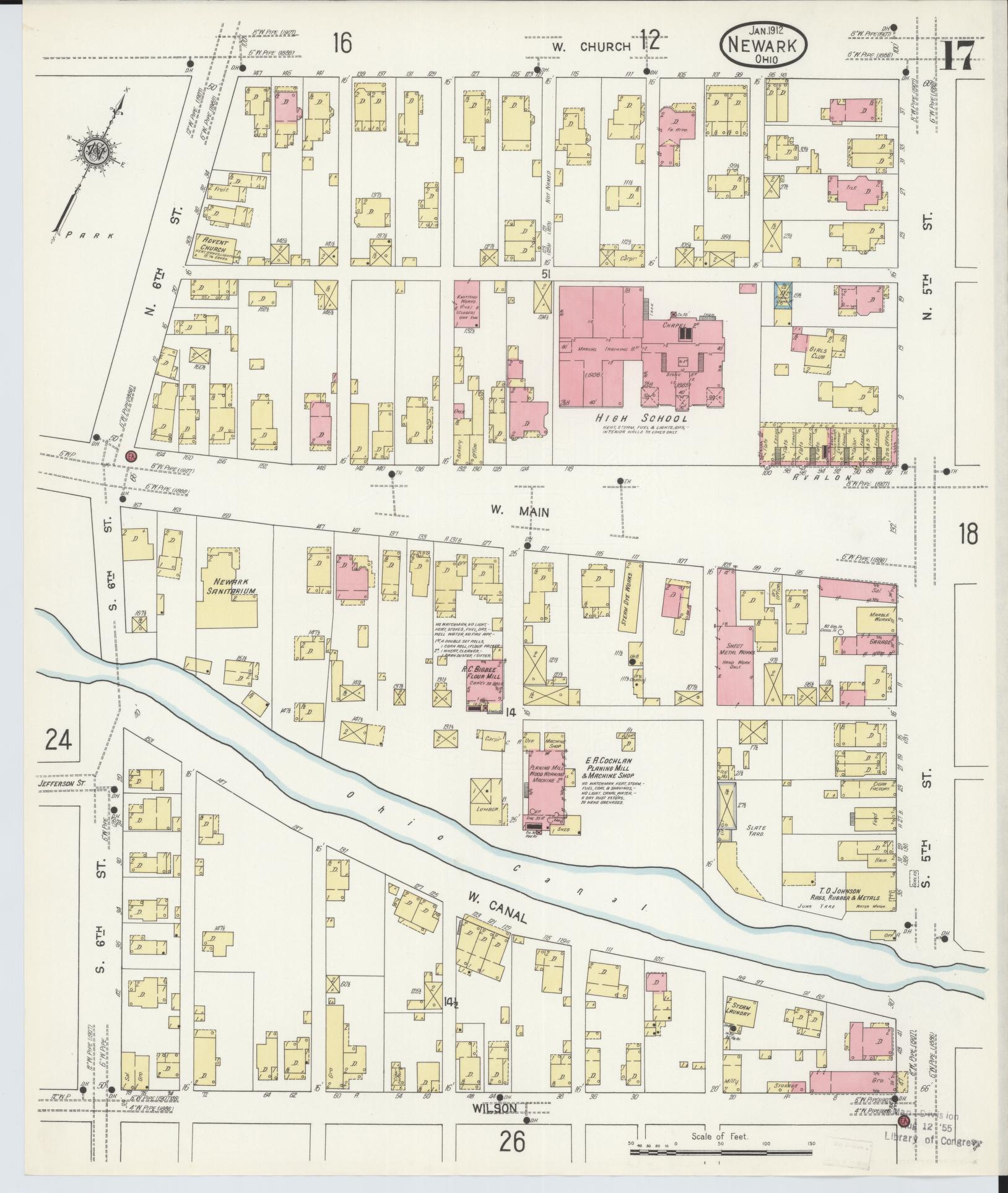 Sanborn Fire Insurance Map from Newark, Licking County, Ohio (1912), Sheet #0017 - Historic Sanborn Fire Insurance Map Print, vintage old map wall art, antique decor, genealogy gift, Ohio Ohio map