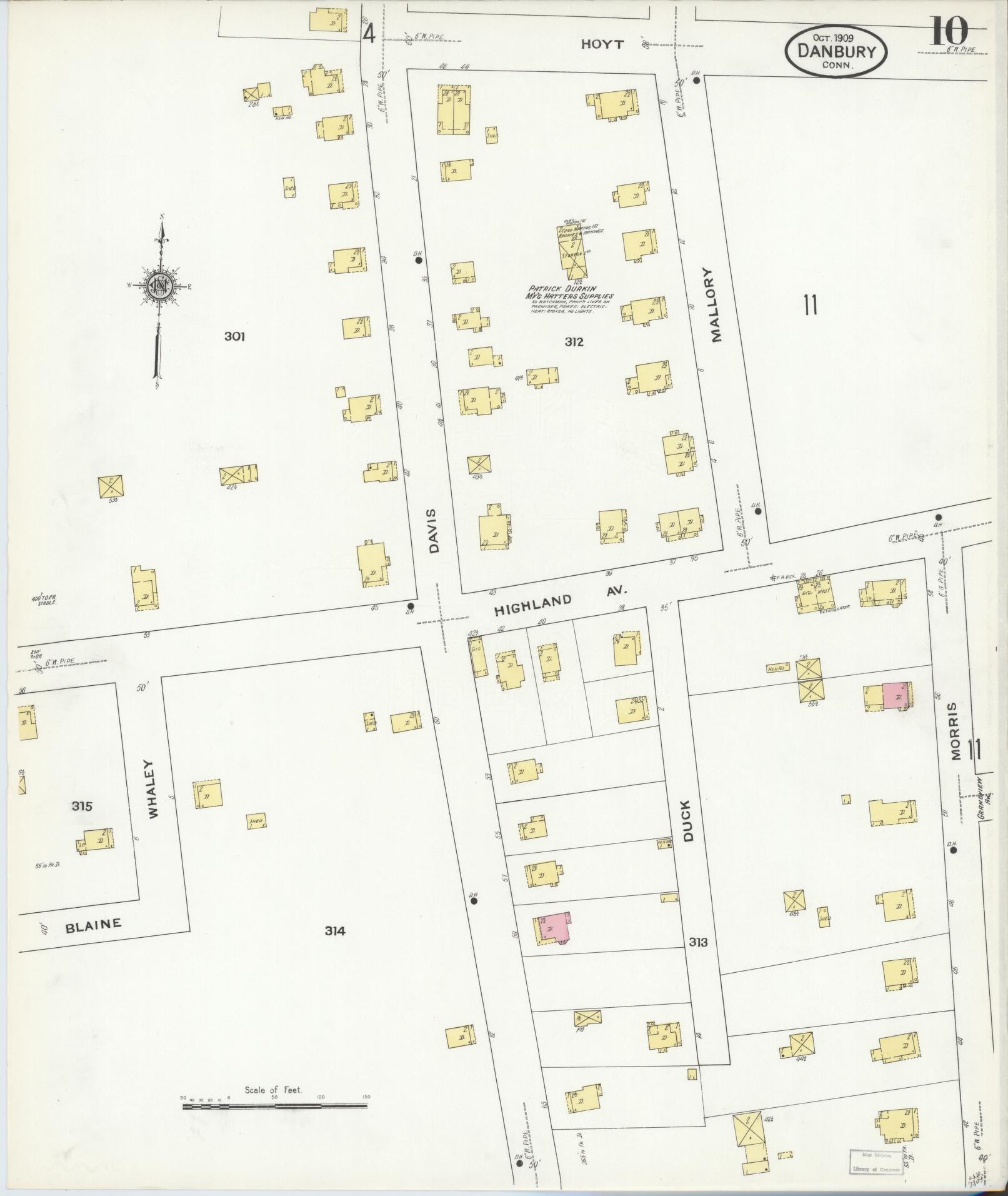 Sanborn Fire Insurance Map from Danbury, Fairfield County, Connecticut (1909), Sheet #0010 - Complete Map Set gallery image, historic Sanborn map, vintage wall art, Connecticut Connecticut