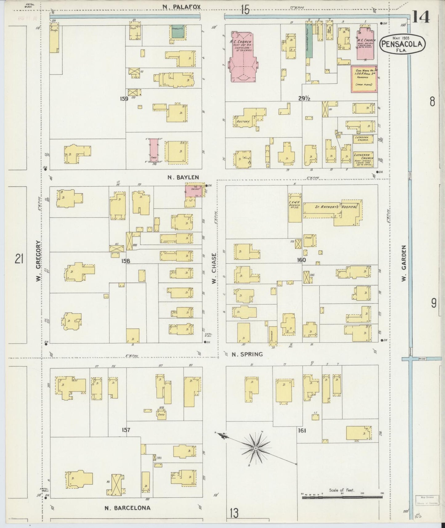 Sanborn Fire Insurance Map from Pensacola, Escambia County, Florida (1903), Sheet #0014 - Historic Sanborn Fire Insurance Map Print, vintage old map wall art, antique decor, genealogy gift, Florida Florida map
