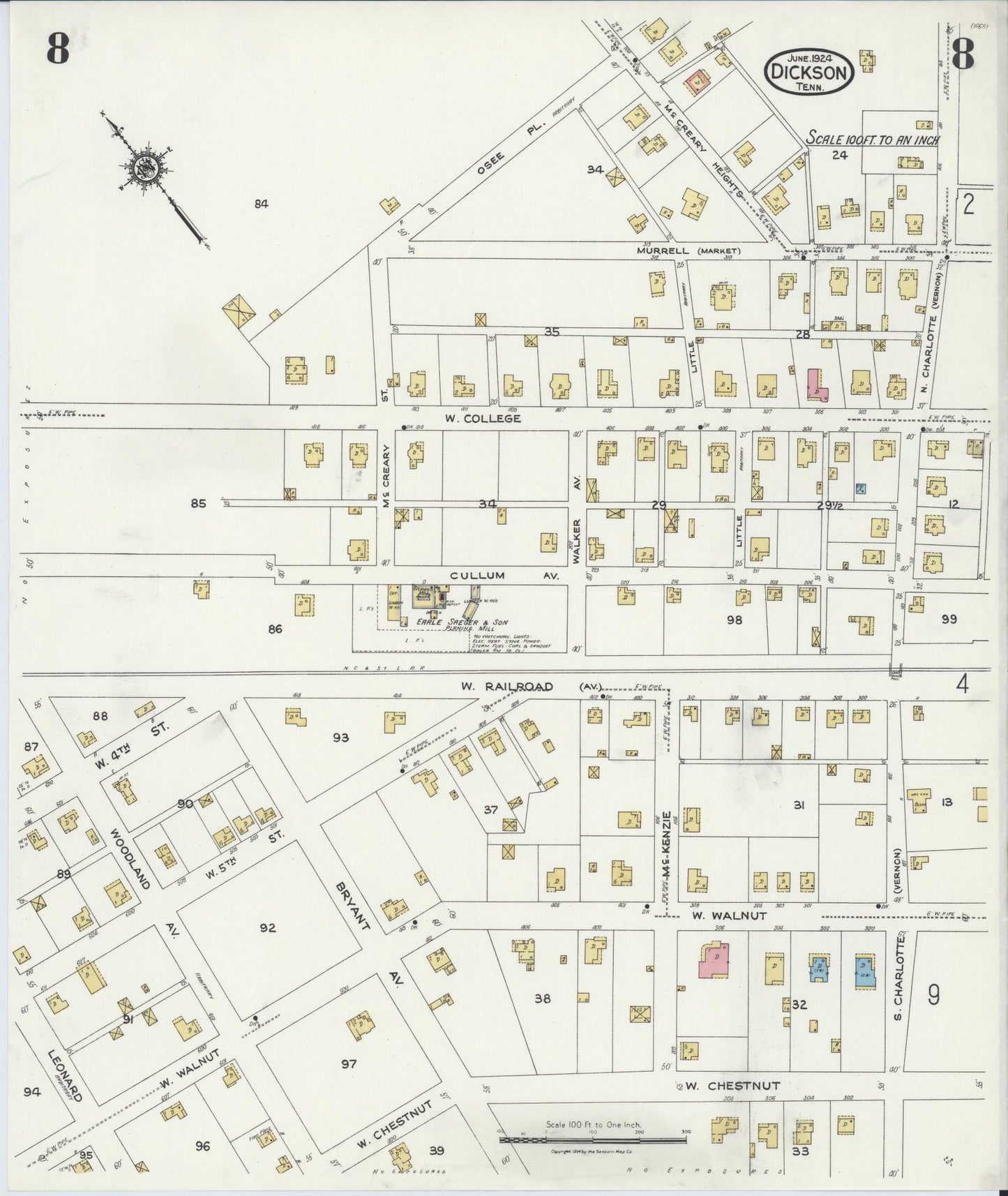 Sanborn Fire Insurance Map from Dickson, Dickson County, Tennessee (1924), Sheet #0008 - Complete Map Set gallery image, historic Sanborn map, vintage wall art, Tennessee Tennessee