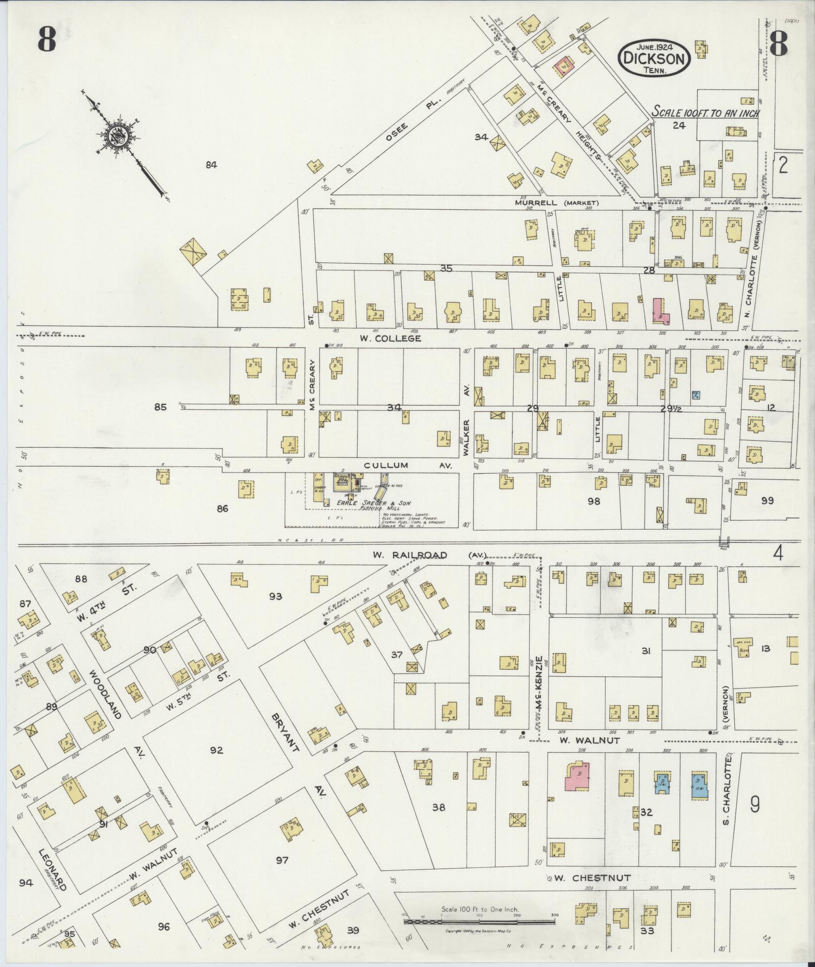 Sanborn Fire Insurance Map from Dickson, Dickson County, Tennessee (1924), Sheet #0008 - Complete Map Set gallery image, historic Sanborn map, vintage wall art, Tennessee Tennessee