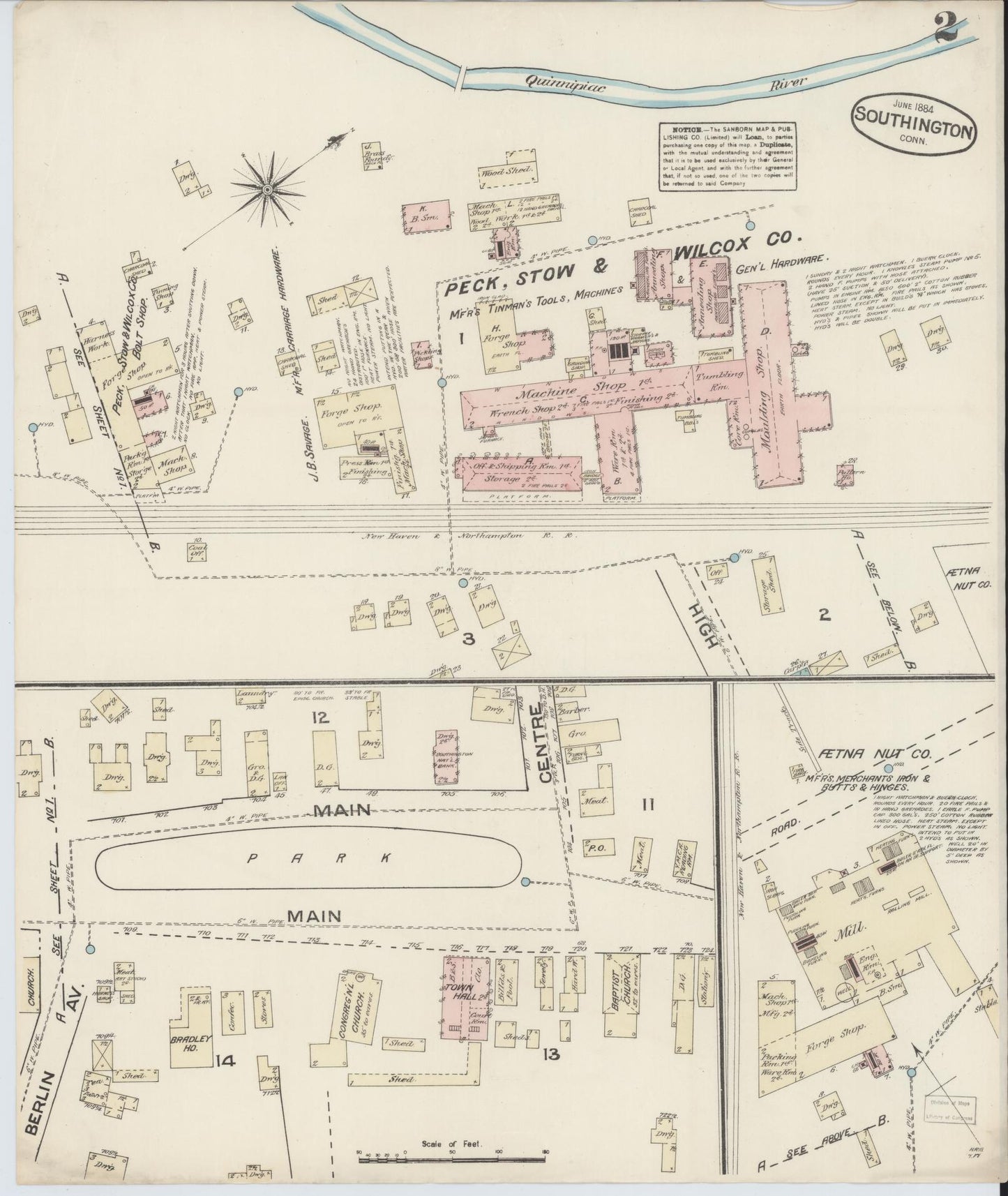 Sanborn Fire Insurance Map from Southington, Hartford County, Connecticut (1884), Sheet #0002 - Historic Sanborn Fire Insurance Map Print, vintage old map wall art, antique decor, genealogy gift, Connecticut Connecticut map