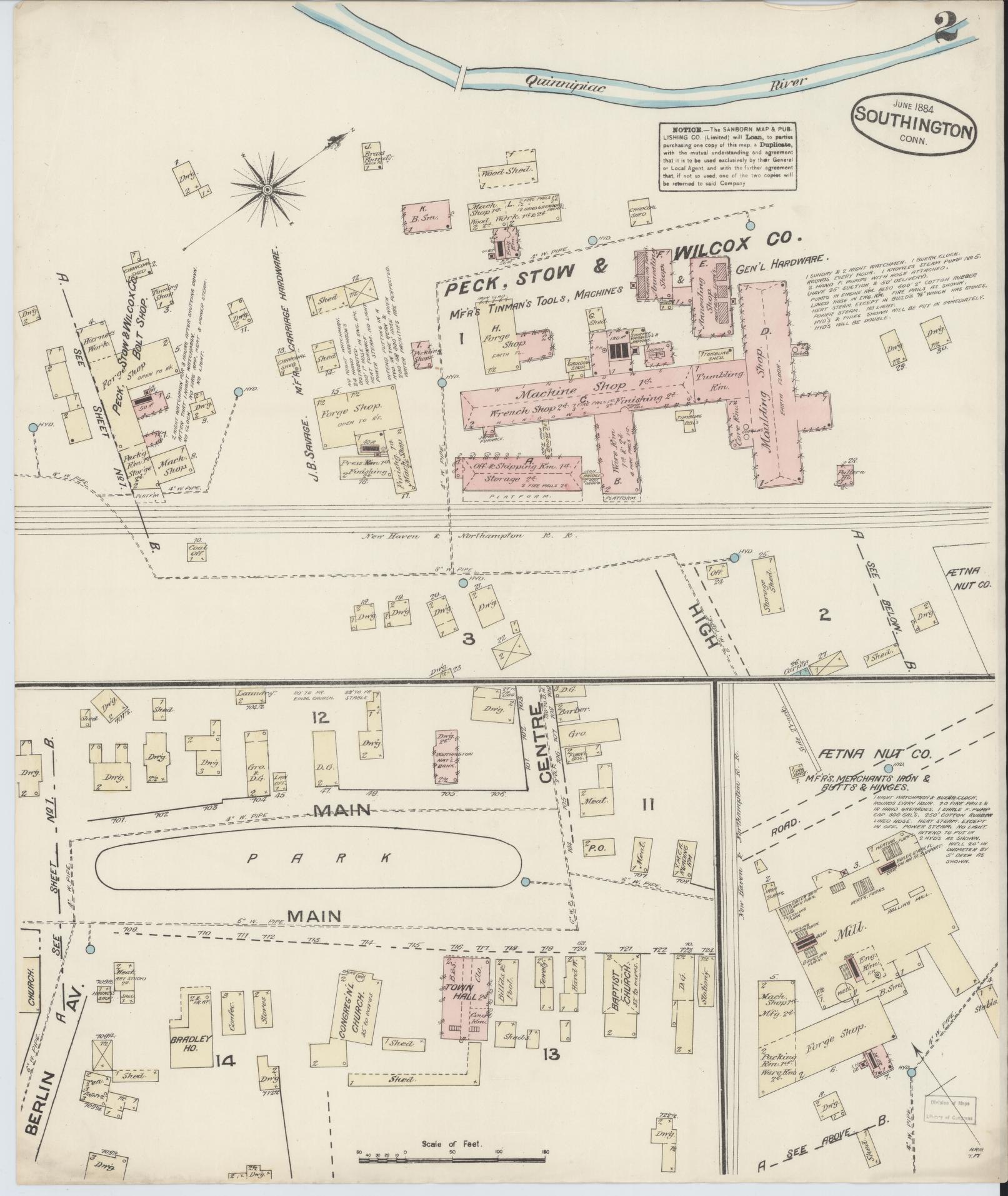 Sanborn Fire Insurance Map from Southington, Hartford County, Connecticut (1884), Sheet #0002 - Historic Sanborn Fire Insurance Map Print, vintage old map wall art, antique decor, genealogy gift, Connecticut Connecticut map