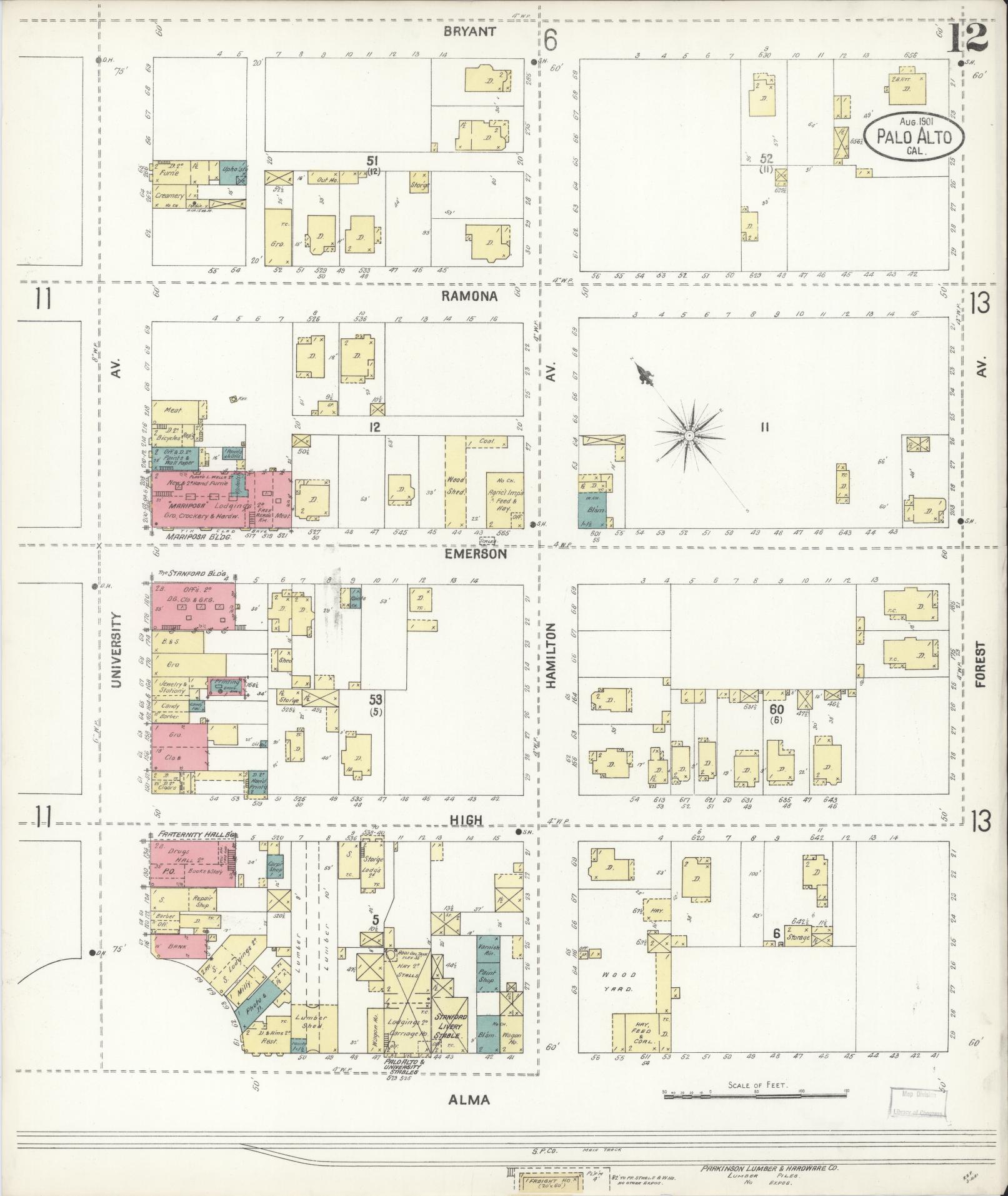 Sanborn Fire Insurance Map from Palo Alto, Santa Clara County, California (1901), Sheet #0012 - Complete Map Set gallery image, historic Sanborn map, vintage wall art, California California