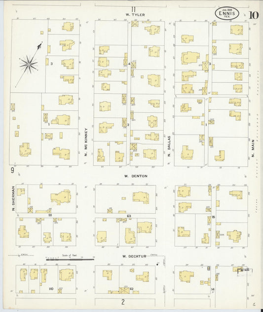 Sanborn Fire Insurance Map from Ennis, Ellis County, Texas (1909), Sheet #0010 - Historic Sanborn Fire Insurance Map Print, vintage old map wall art, antique decor, genealogy gift, Texas Texas map